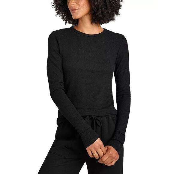 Splendid Women Black Shimmer Knit Viscose Isabella Slim Long Sleeve Tee Size L - Picture 1 of 5